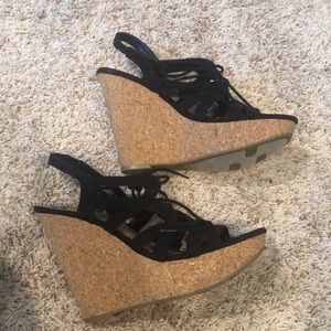 Black suede lace up wedge sandals